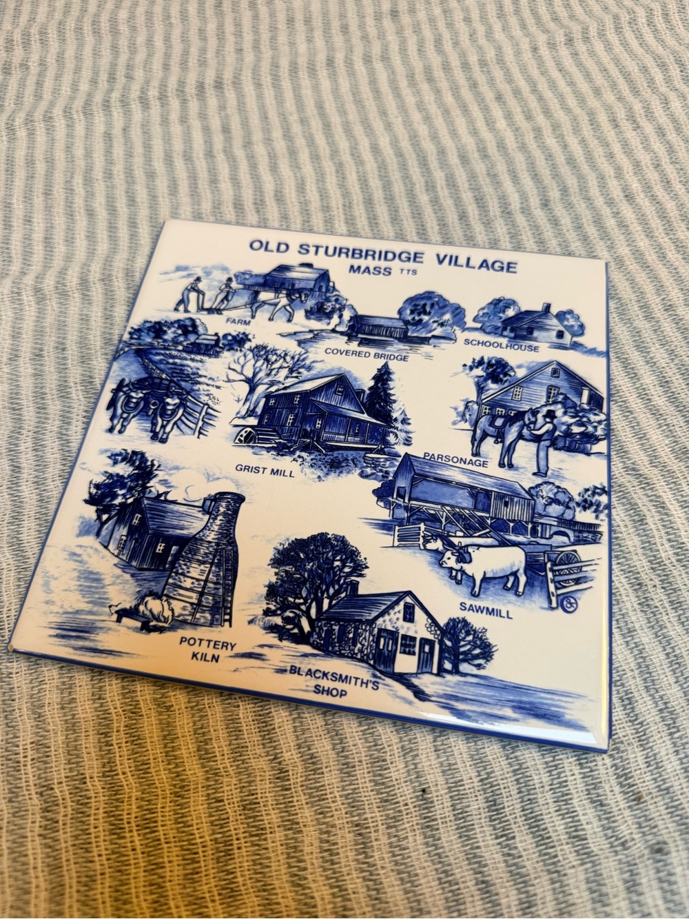 Vintage Old Sturbridge Village Souvenir Tile Trivet - blue and white